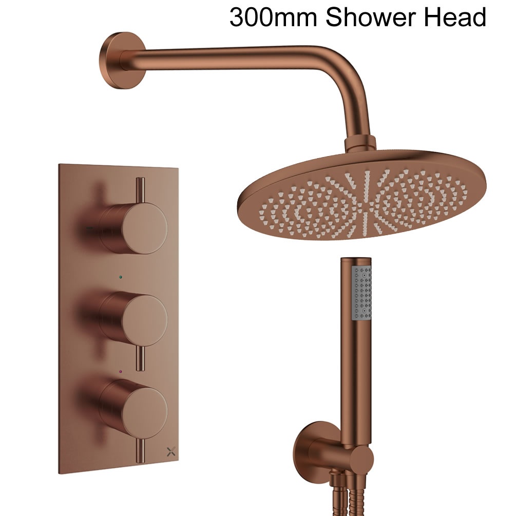 Cutout image of Crosswater Design Brushed Bronze Dual Outlet Three Handle Rainfall Shower Set 300mm head