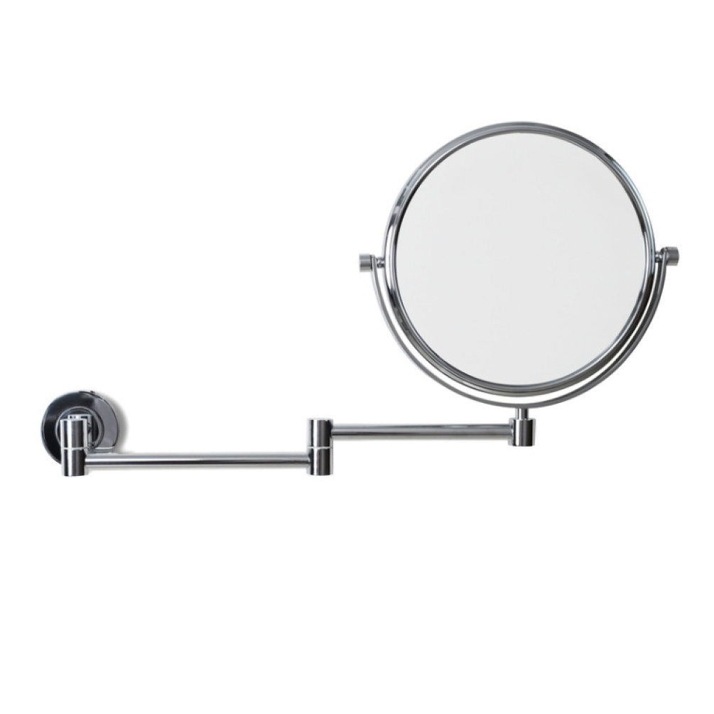Product Cut out image of the Origins Living Hutton Chrome Reversible 5X Magnifying Wall Mirror with its arm fully extended