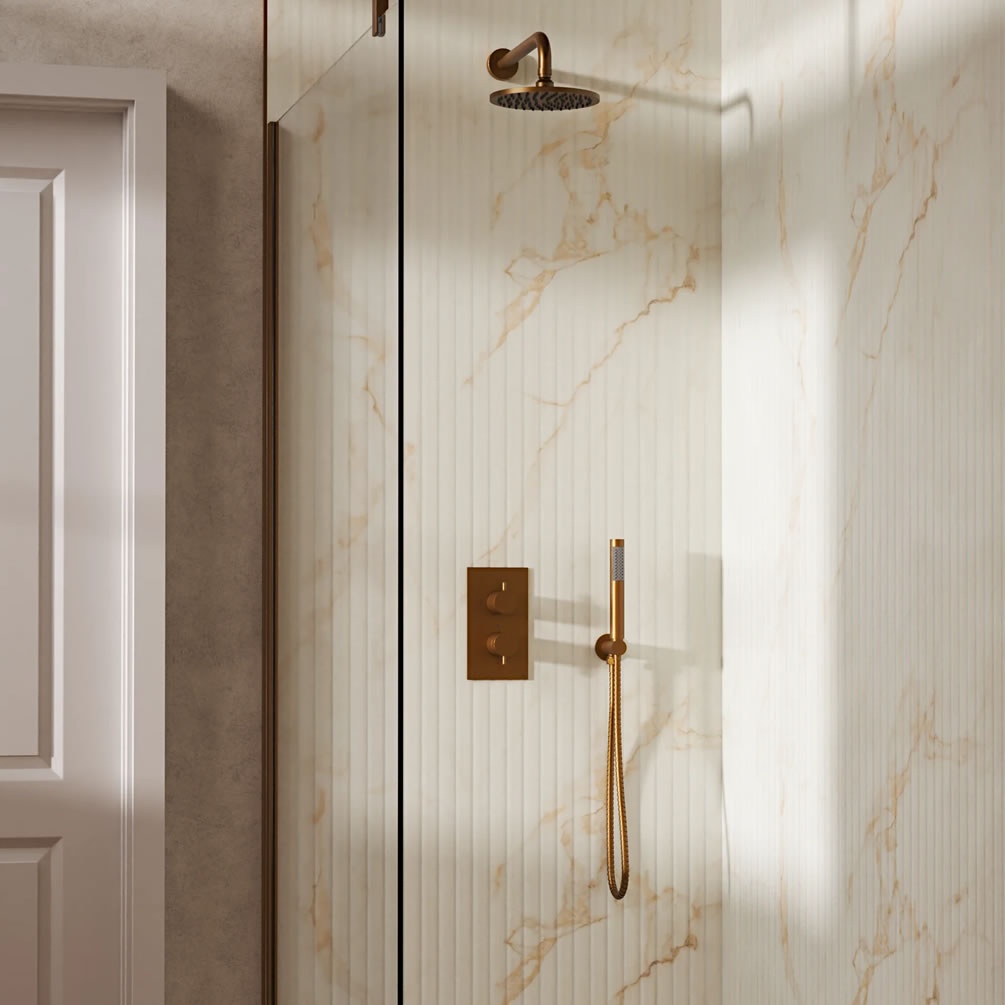 Lifestyle image of Crosswater Design Brushed Bronze Dual Outlet Rainfall Shower Set