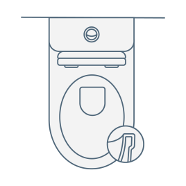 iconography image of a compact rimless toilet. Also known as a short projection rimless toilet, these have a smaller size. Image shows toilet and a cross section of rimless design.