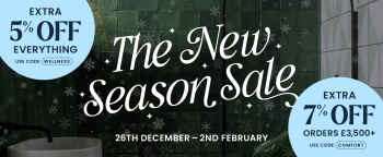 image of a bathroom with with text overlaid saying new season sale until 2nd february with 5% off anything and 7% off orders £3,500