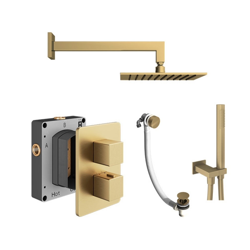 Product cut out image of the Abacus Square Brushed Brass 3 Outlet Shower Pack with Bath Filler & Handset