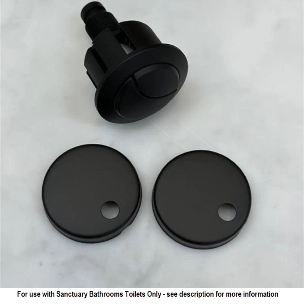 Close up product image of Apex Matt Black Push Button and Toilet Seat Cover Caps Set AP.032MB with the push button on an angle
