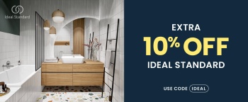image of an ideal standard wooden vanity unit with a bathtub split with a blue background on the right with text saying extra 10% off with code ideal10