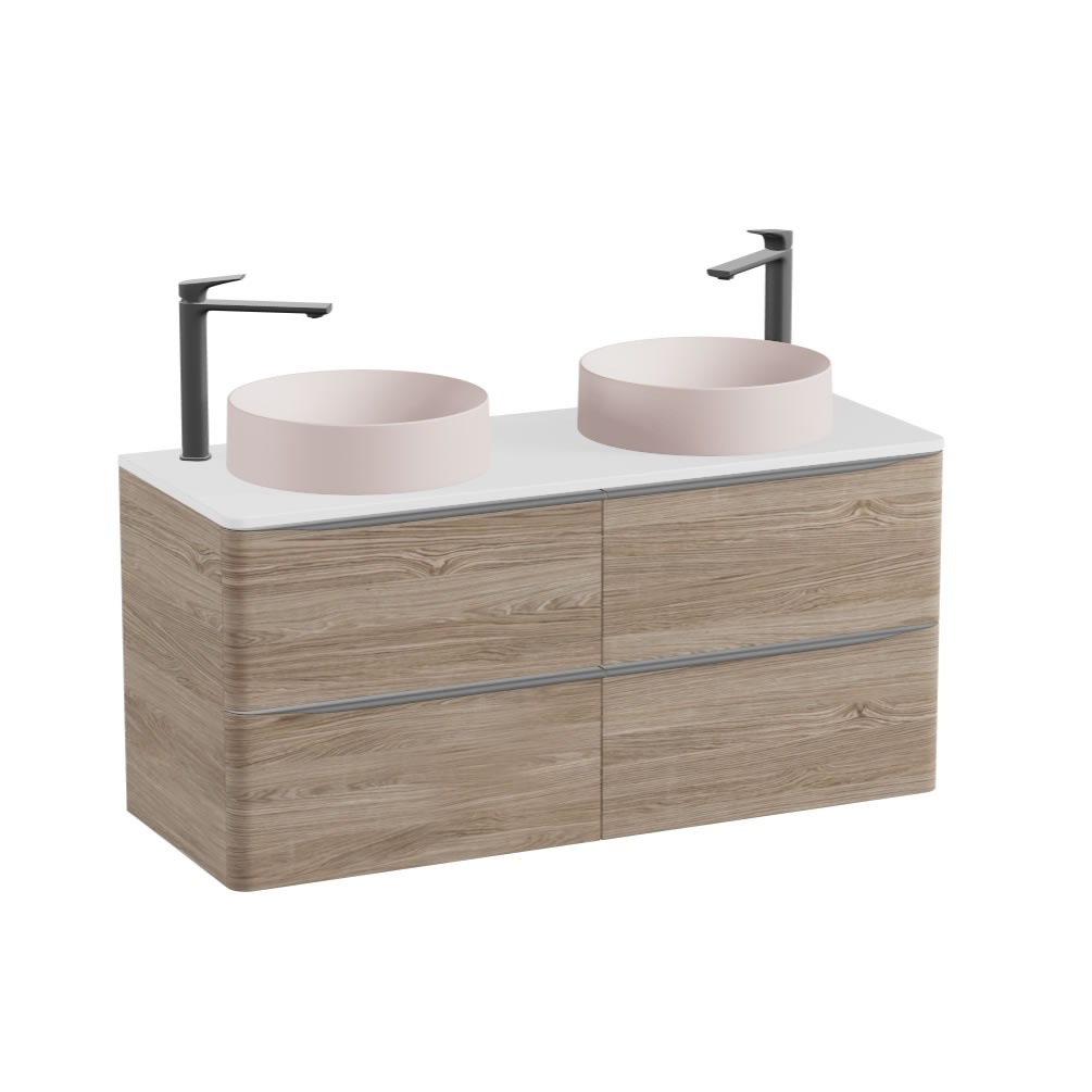 Vado Cameo 1200mm Natural Oak Wall Hung 4 Drawer Vanity Unit, Gloss Worktop & Pink Round Basin
