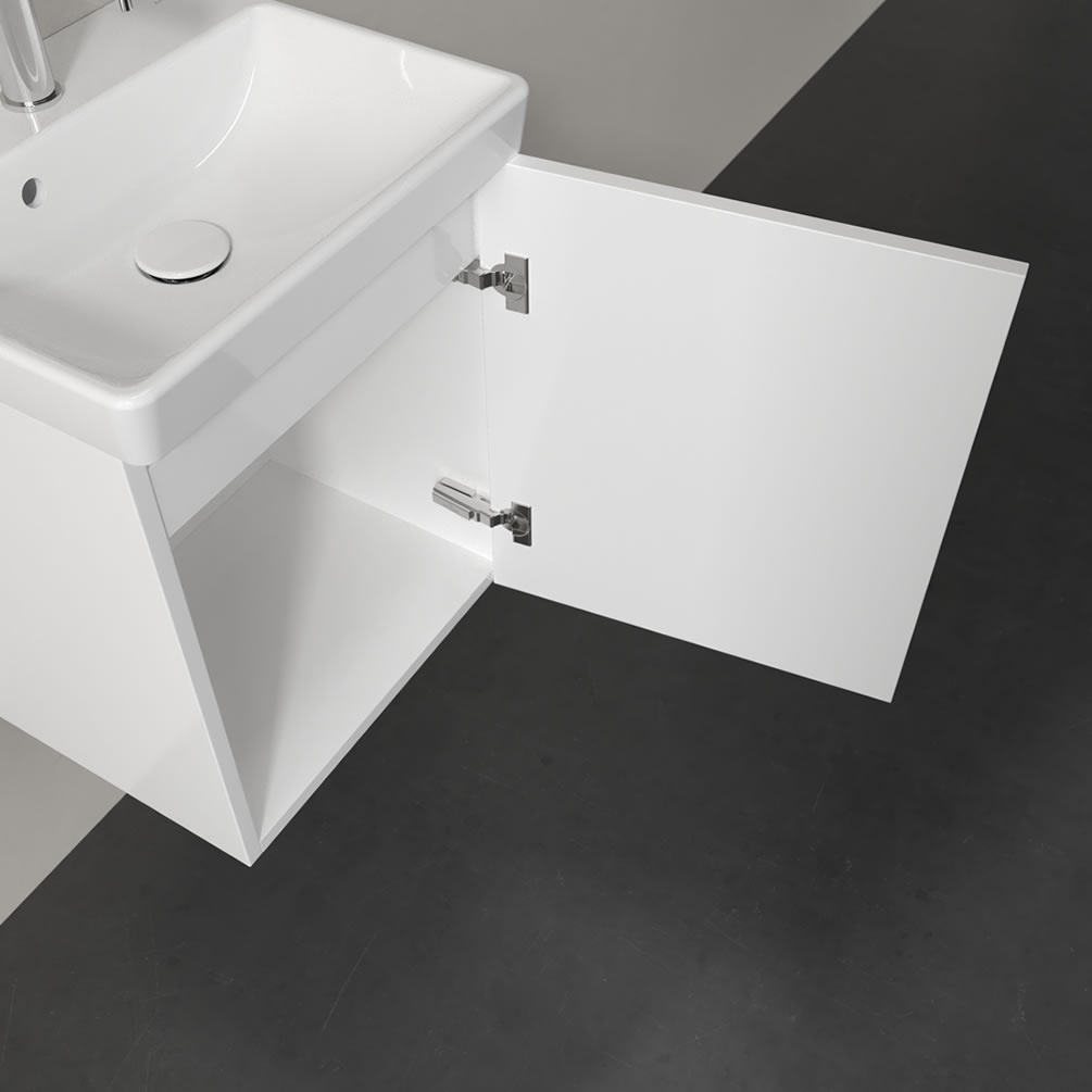 Closeup image of Villeroy & Boch Avento White 450mm Wall-Hung Basin Vanity Unit right sided
