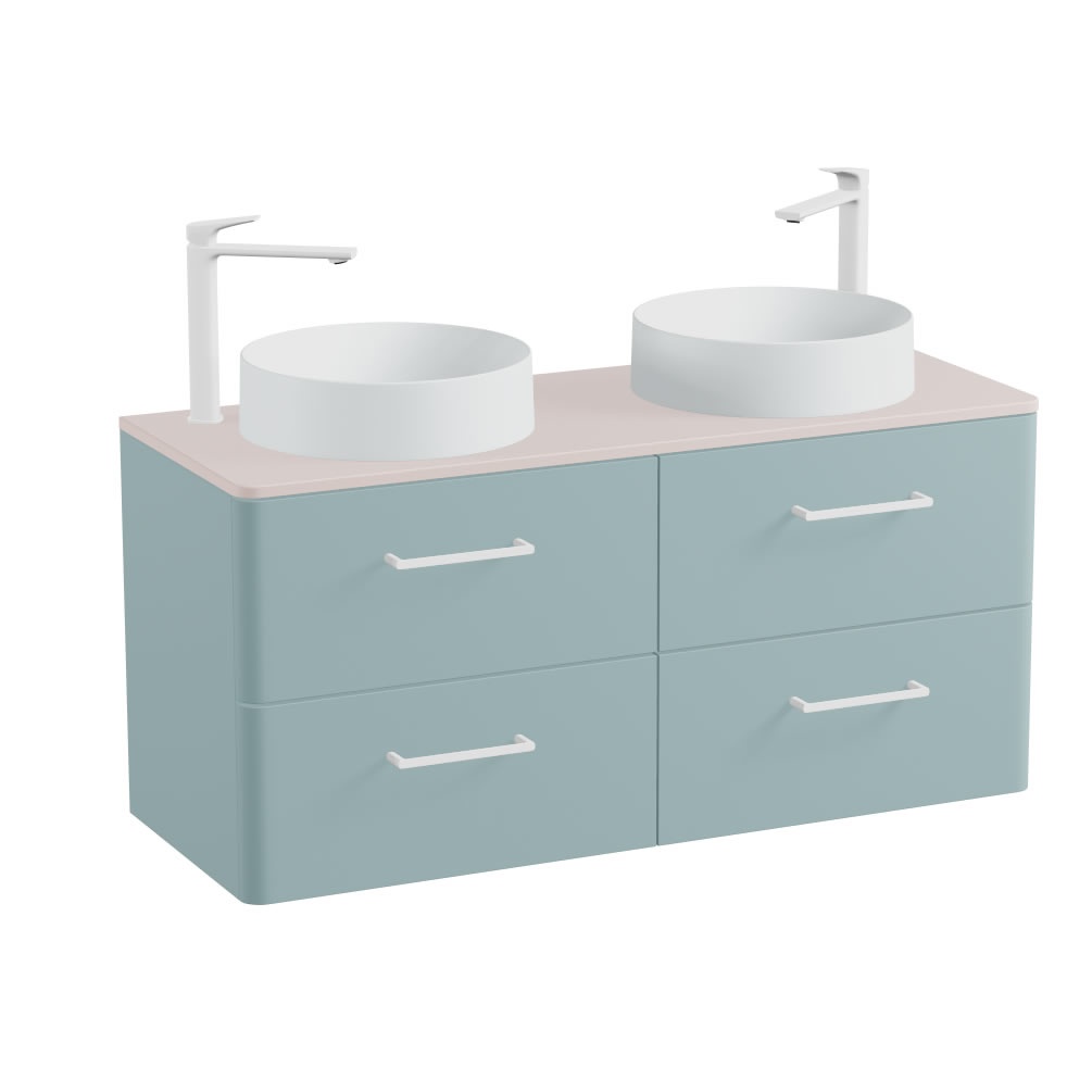 Vado Cameo 1200mm Cove Blue Wall Hung 4 Drawer Vanity Unit, Pink Worktop & Arctic White Basin