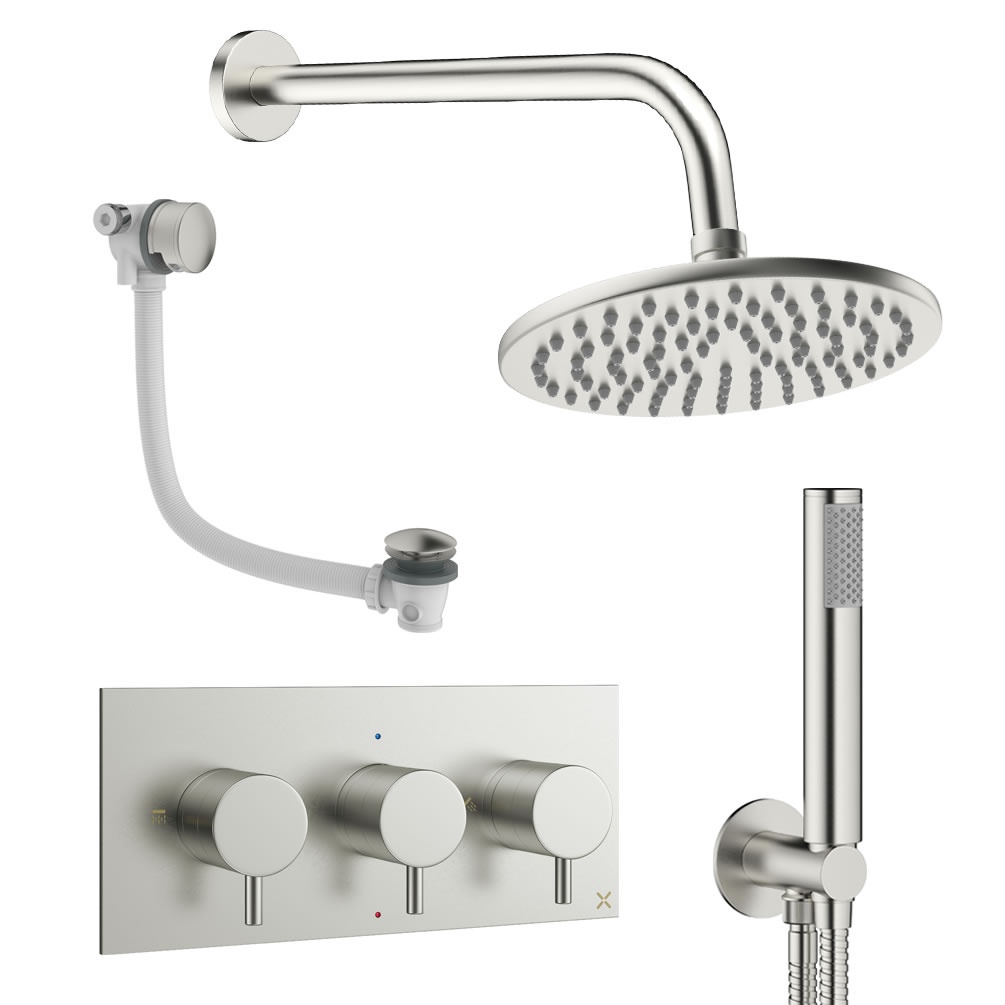 Cutout image of Crosswater Design Brushed Nickel Three Outlet Shower Bath Set