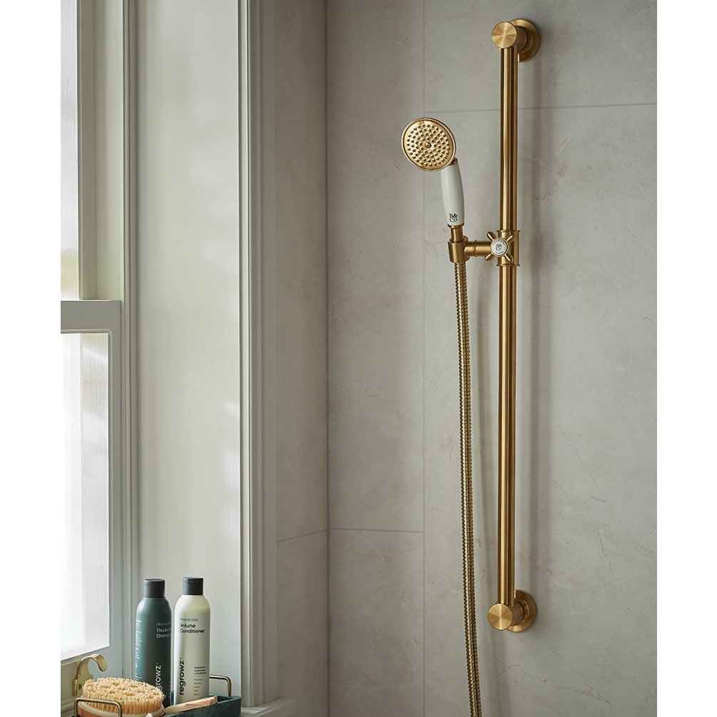 Booth & Co. Axbridge Brushed Brass/White Slide Rail Shower Kit - Lifestyle Image