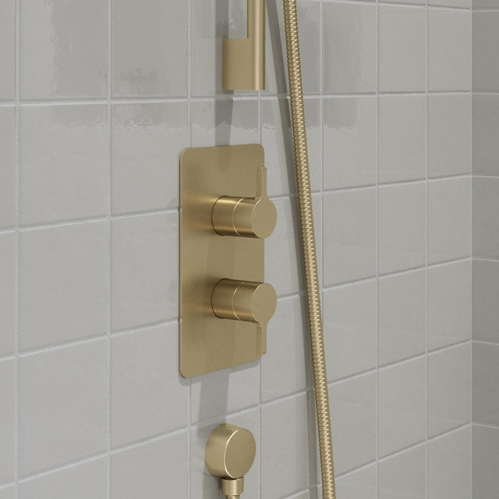 product lifestyle image of Britton Hoxton 2.0 Brushed Brass 1 Outlet 2 Handle Shower Valve without Diverter HOX1000RF