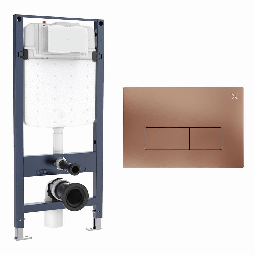 Cutout image of Crosswater 1120mm Slim Wall-Hung Cistern Frame & MPRO Brushed Bronze Dual Flush Plate