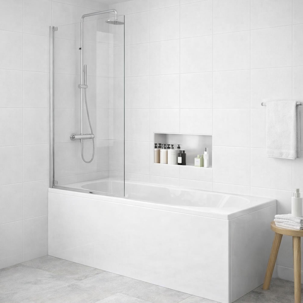 Lifestyle image of Dune Chrome 800mm Hinged Bath Screen