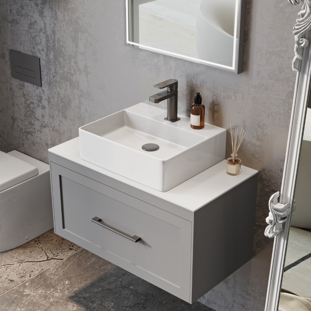 Product Lifestyle image of the Abacus Concept Sit On Shaker Stone Grey 600mm Vanity Unit paired with a rectangular countertop basin
