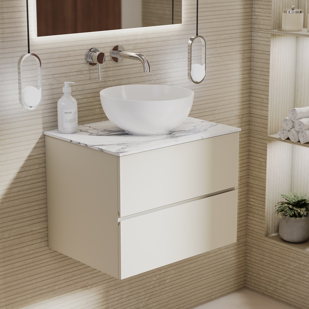 product lifestyle image of Zero Sahara Silk 600mm Double Drawer Wall Hung Vanity Unit and Statuario Worktop 1042-BL1162C-L055K