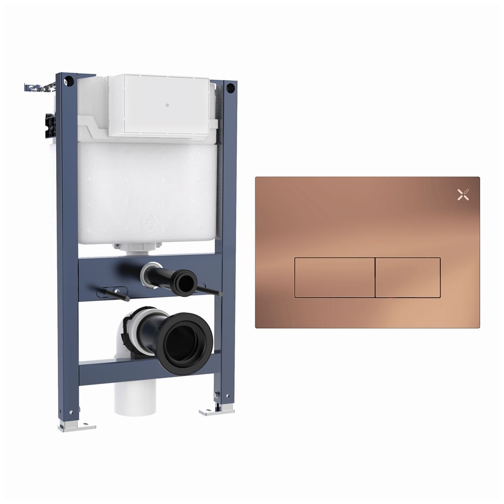 Cutout image of Crosswater 820mm Wall-Hung Cistern Frame & MPRO Stainless Steel Brushed Bronze Dual Flush Plate