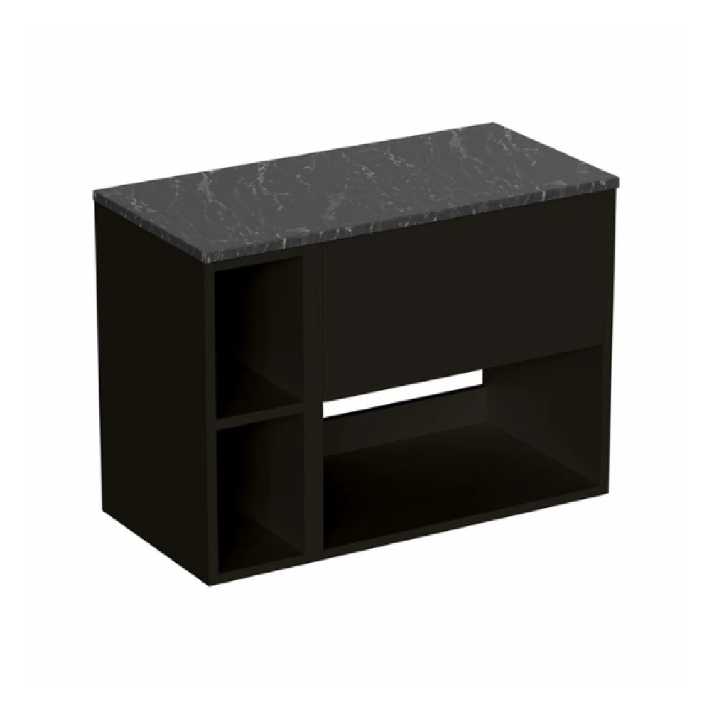 Cut out image of the Britton Hackney Matt Black 700mm Wall Hung Vanity Unit with Marquina Worktop & Shelf Unit