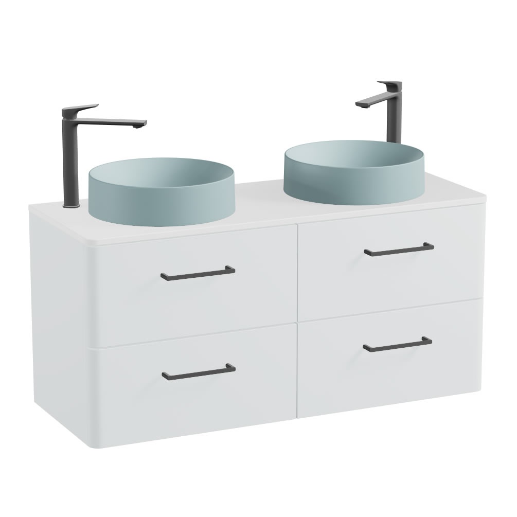 Vado Cameo 1200mm Arctic White Wall Hung 4 Drawer Vanity Unit, Gloss Worktop & Cove Blue Basins