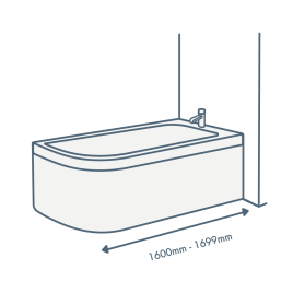 iconography image of a bathtub with 1600mm-1699mm length text illustrating this sized bath
