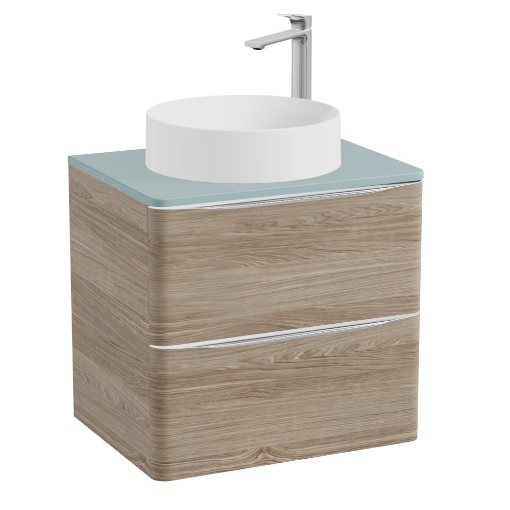 Vado Cameo 600mm Natural Oak Wall Hung Vanity Unit, Cove Blue Worktop & Gloss Basin
