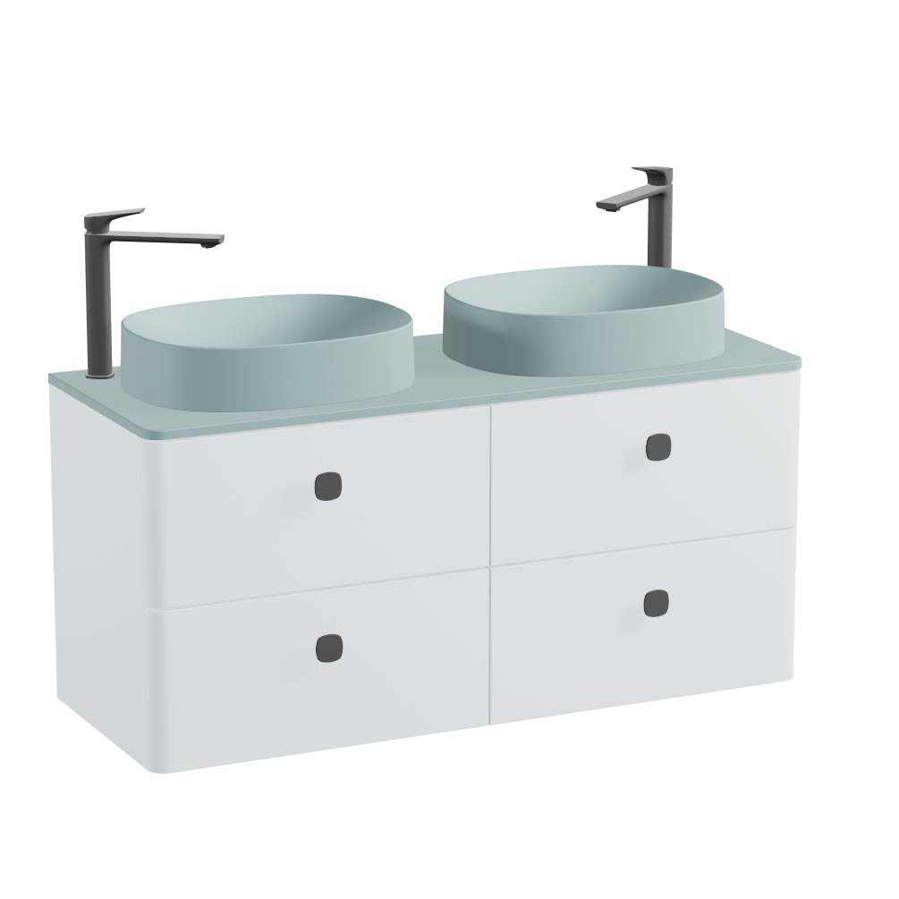 Vado Cameo 1200mm Arctic White Wall Hung 4 Drawer Vanity Unit, Cove Blue Worktop & Oval Basins