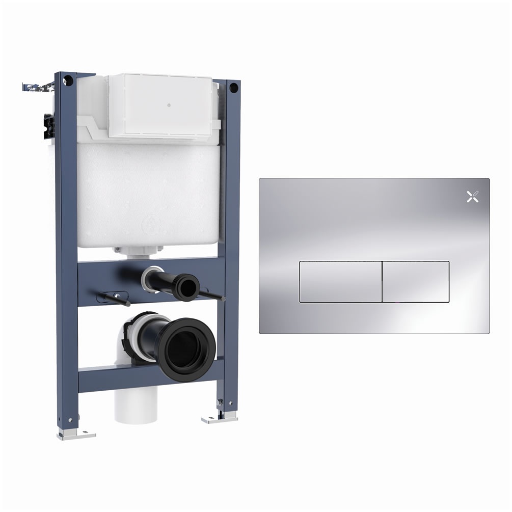 Cutout image of Crosswater 820mm Wall-Hung Cistern Frame & MPRO Stainless Steel Chrome Dual Flush Plate