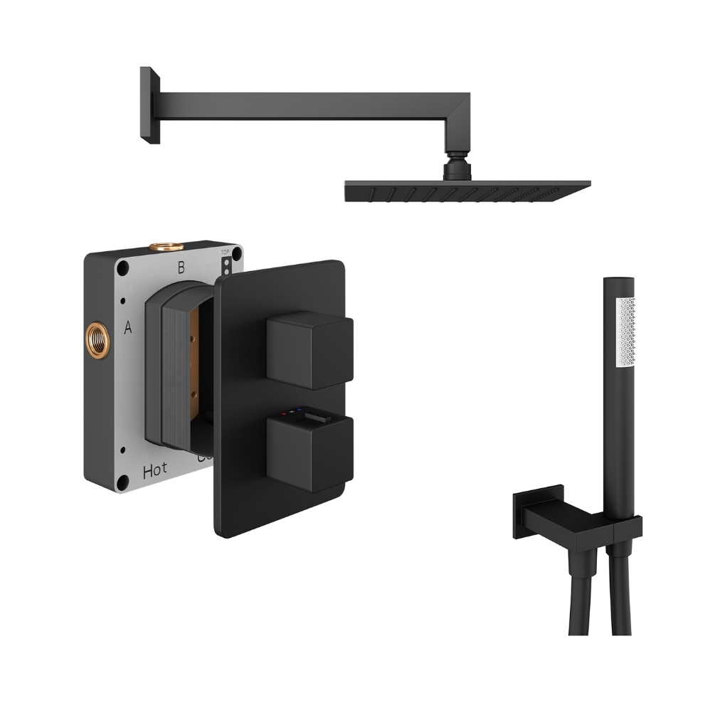 Product Cut out image of the Abacus Square Matt Black 2 Outlet Shower Pack with Fixed Head & Handset