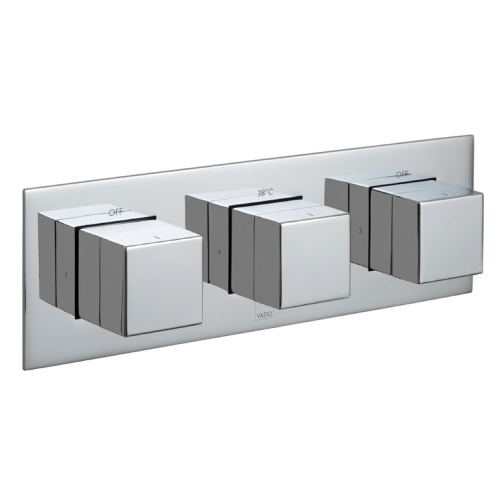Cutout image of Vado Notion 3 Outlet, 3 Handle Thermostatic Valve with All-Flow Function.