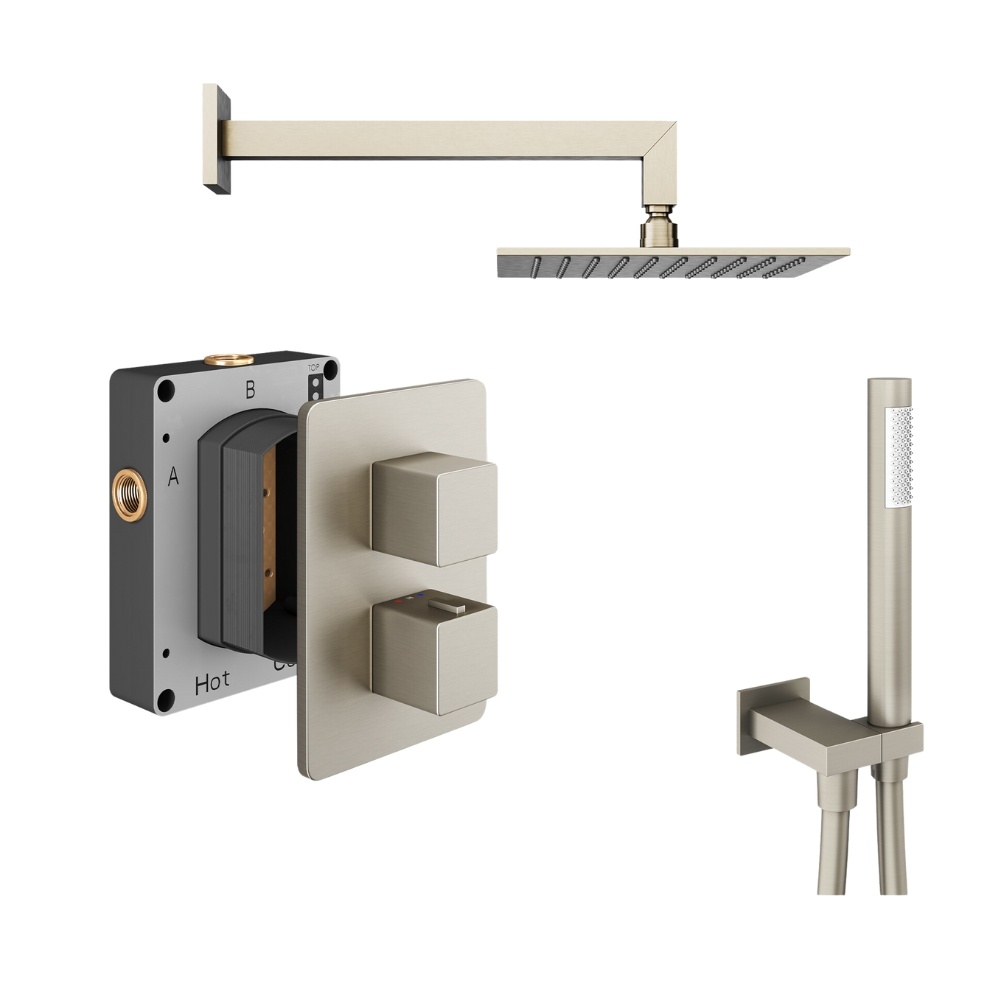 Product Cut out image of the Abacus Square Brushed Nickel 2 Outlet Shower Pack with Fixed Head & Handset