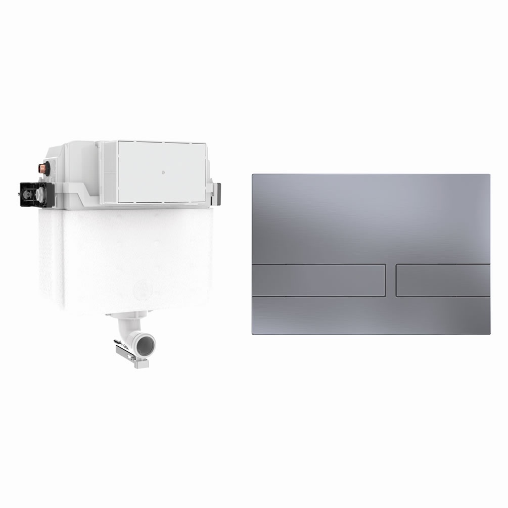 Cutout image of Crosswater 460mm Concealed Back-to-Wall Cistern & Venue Brushed Nickel Dual Flush Plate
