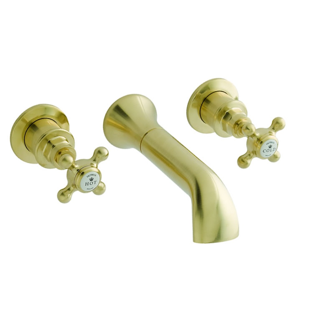 Photo of BC Sanitan Brushed Gold Crosshead Three Hole Wall Mounted Basin Mixer