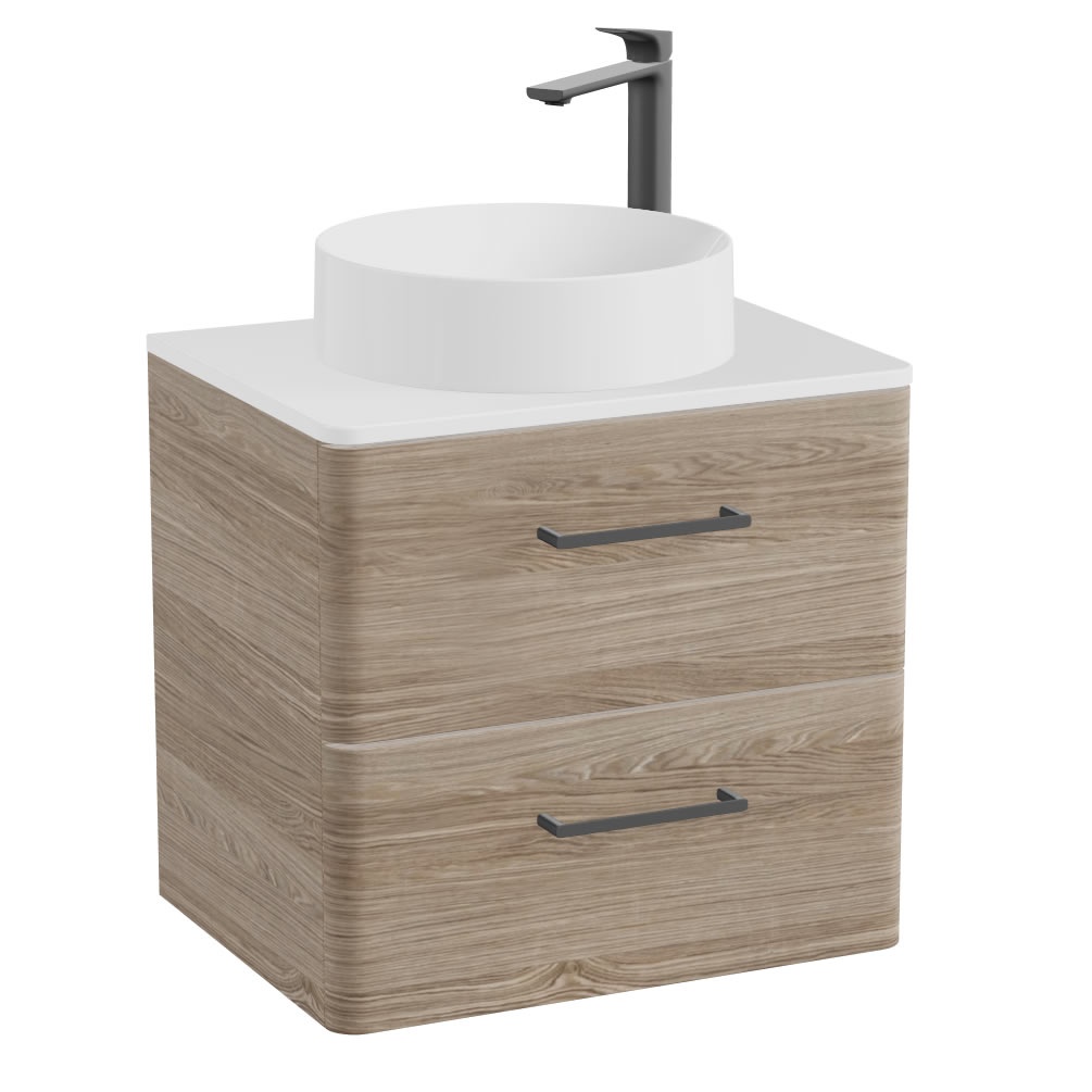 Vado Cameo 600mm Natural Oak Wall Hung 2 Drawer Vanity Unit, Worktop & Basin