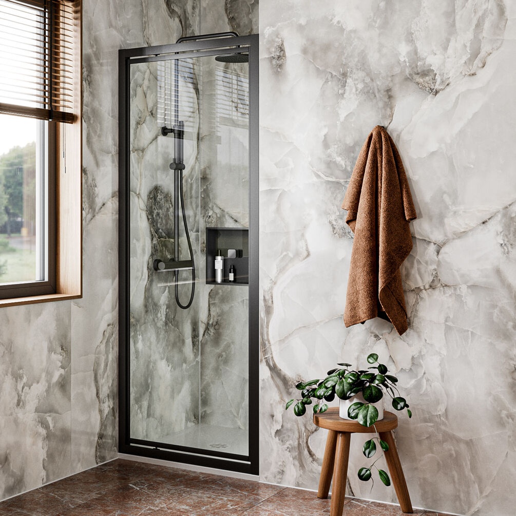 Lifestyle image of Crosswater Clear 6 Matt Black 800mm Pivot Shower Door