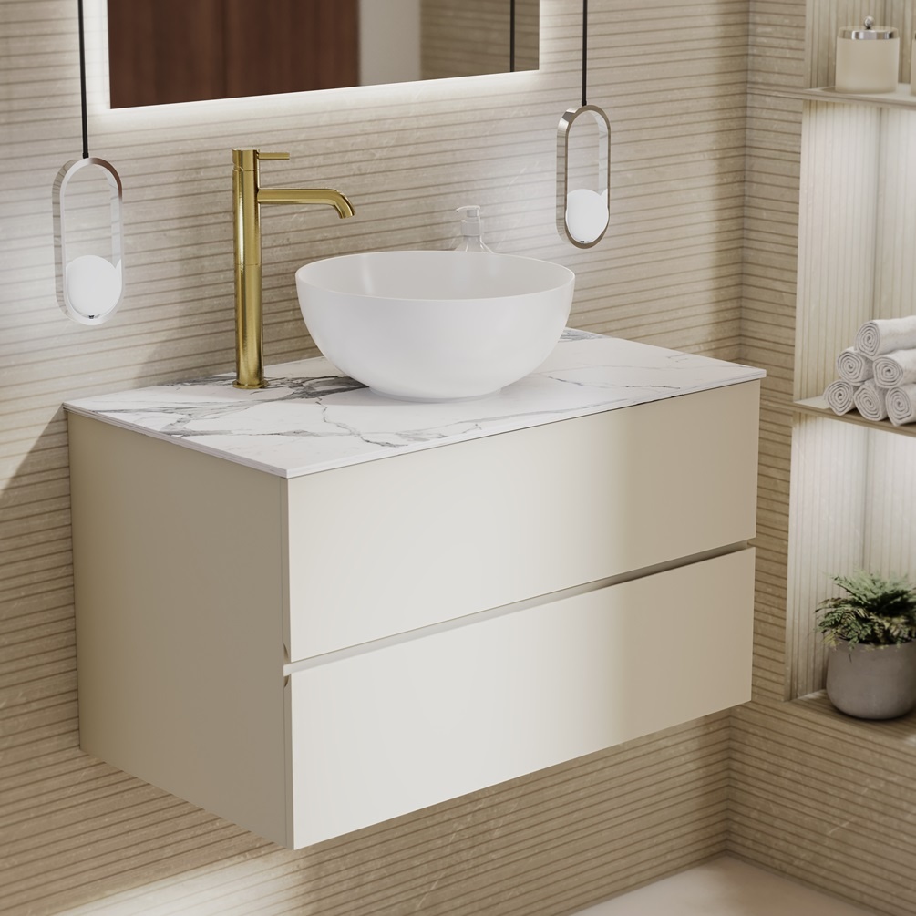 Product lifestyle image of Zero Sahara Silk 800mm Double Drawer Wall Hung Vanity Unit and Statuario Worktop 1042-BL1167C-L055K