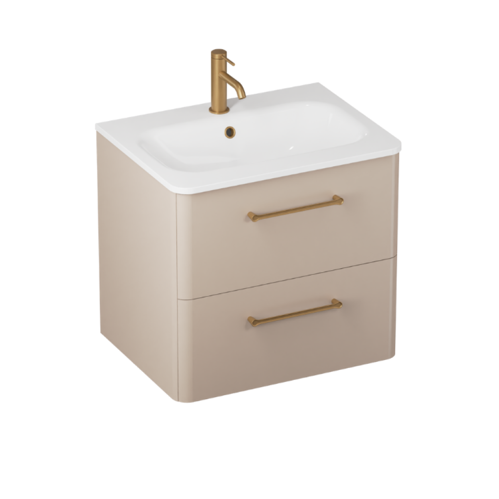 Product cut out photo image of Britton Bathrooms Camberwell Warm Beige 600mm Wall Hung Vanity Unit and Basin with Brass Handles C60DDM